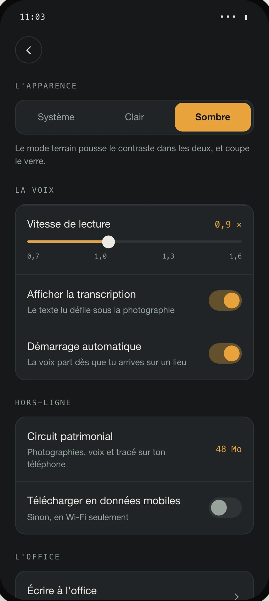 Réglages de l'application : choix du thème et mode terrain
